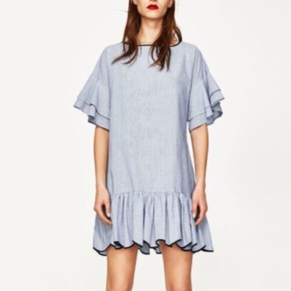 Zara | White/Sky Blue Striped Dress with Frilled Sleeves - Picture 1 of 6